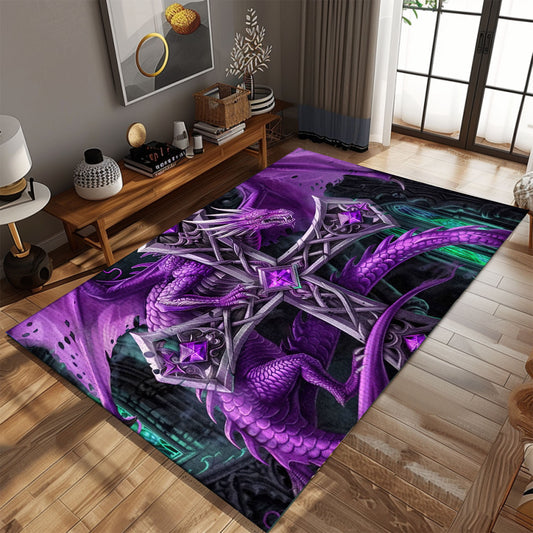 Intriguing Purple Dragon Wrapped Around a Gothic-Style Silver Cross Area Rug, Adding Gothic Charm to Any Room, Gift For Dragon Lovers, Personalized Dragon Rug for Living Room, Bedroom DG77