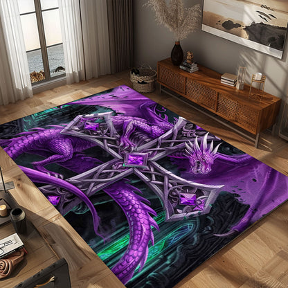 Intriguing Purple Dragon Wrapped Around a Gothic-Style Silver Cross Area Rug, Adding Gothic Charm to Any Room, Gift For Dragon Lovers, Personalized Dragon Rug for Living Room, Bedroom DG77