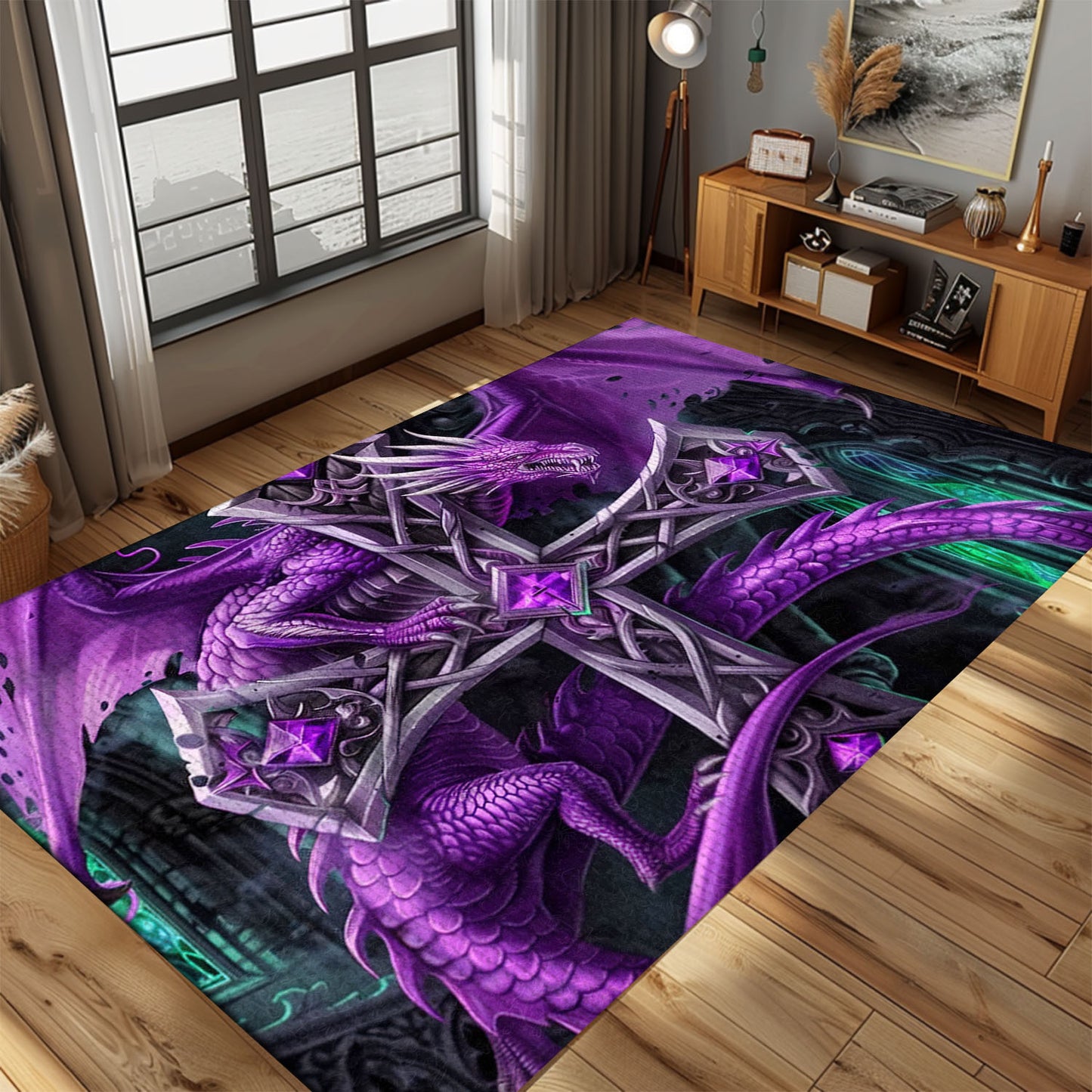 Intriguing Purple Dragon Wrapped Around a Gothic-Style Silver Cross Area Rug, Adding Gothic Charm to Any Room, Gift For Dragon Lovers, Personalized Dragon Rug for Living Room, Bedroom DG77
