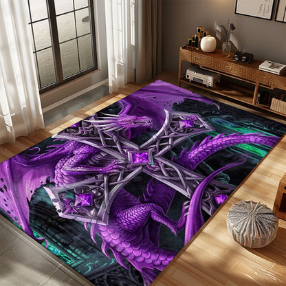 Intriguing Purple Dragon Wrapped Around a Gothic-Style Silver Cross Area Rug, Adding Gothic Charm to Any Room, Gift For Dragon Lovers, Personalized Dragon Rug for Living Room, Bedroom DG77