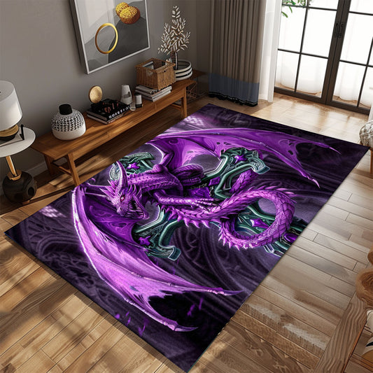 Purple Dragon Coiled Around an Ornate Gothic Cross Area Rug, Perfect for a Unique and Mysterious Home Decor, Gift For Dragon Lovers, Personalized Dragon Rug for Living Room, Bedroom DG76