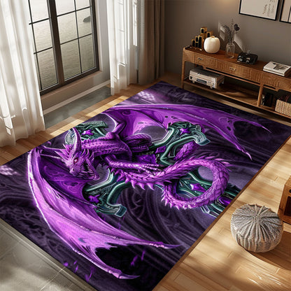 Purple Dragon Coiled Around an Ornate Gothic Cross Area Rug, Perfect for a Unique and Mysterious Home Decor, Gift For Dragon Lovers, Personalized Dragon Rug for Living Room, Bedroom DG76
