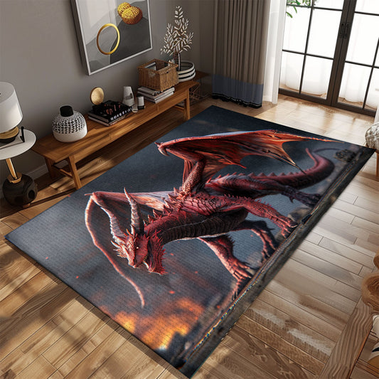Realistic Red Dragon with Wings Area Rug, Adding a Fierce and Enchanting Element to Your Living Space, Gift For Dragon Lovers, Personalized Dragon Rug for Living Room, Bedroom DG75