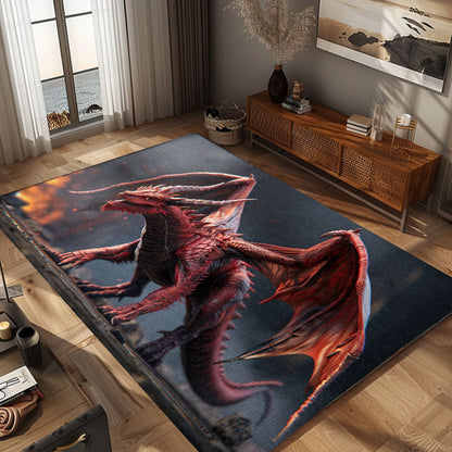 Realistic Red Dragon with Wings Area Rug, Adding a Fierce and Enchanting Element to Your Living Space, Gift For Dragon Lovers, Personalized Dragon Rug for Living Room, Bedroom DG75