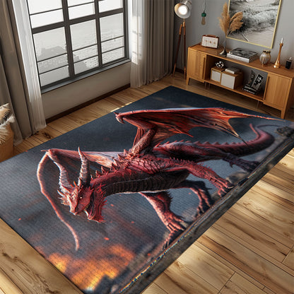 Realistic Red Dragon with Wings Area Rug, Adding a Fierce and Enchanting Element to Your Living Space, Gift For Dragon Lovers, Personalized Dragon Rug for Living Room, Bedroom DG75