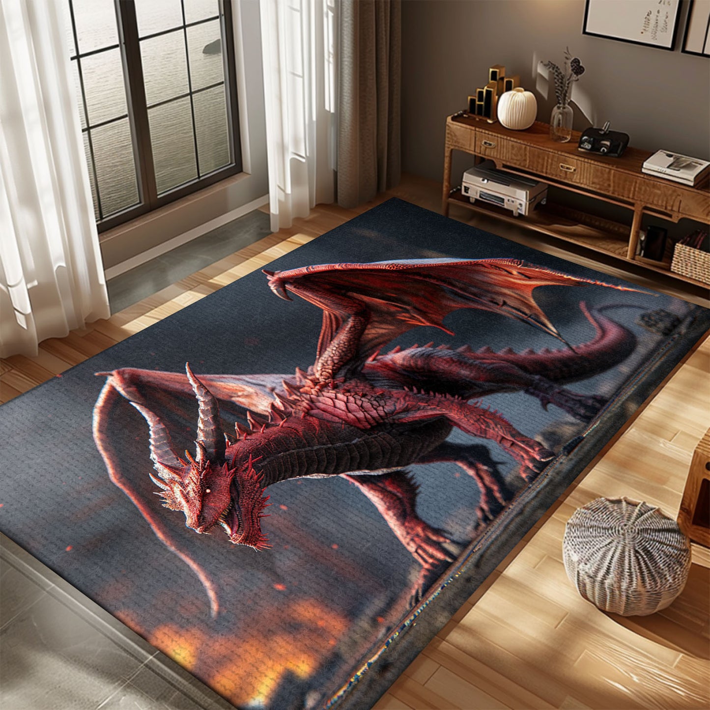 Realistic Red Dragon with Wings Area Rug, Adding a Fierce and Enchanting Element to Your Living Space, Gift For Dragon Lovers, Personalized Dragon Rug for Living Room, Bedroom DG75