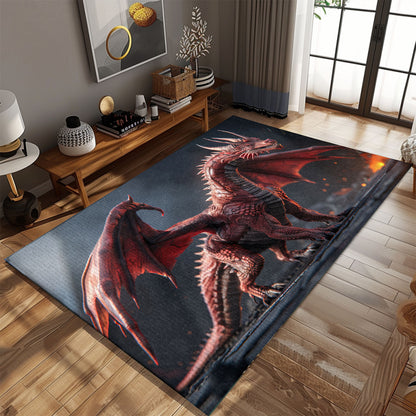 Realistic and Intricately Detailed Red Dragon with Wings Area Rug, Perfect for Fantasy-Themed Rooms and Offices, Gift For Dragon Lovers, Personalized Dragon Rug for Living Room, Bedroom DG74