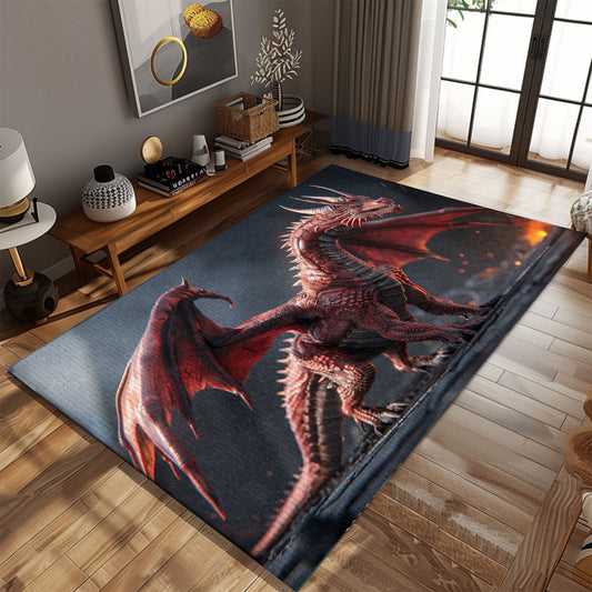 Realistic and Intricately Detailed Red Dragon with Wings Area Rug, Perfect for Fantasy-Themed Rooms and Offices, Gift For Dragon Lovers, Personalized Dragon Rug for Living Room, Bedroom DG74