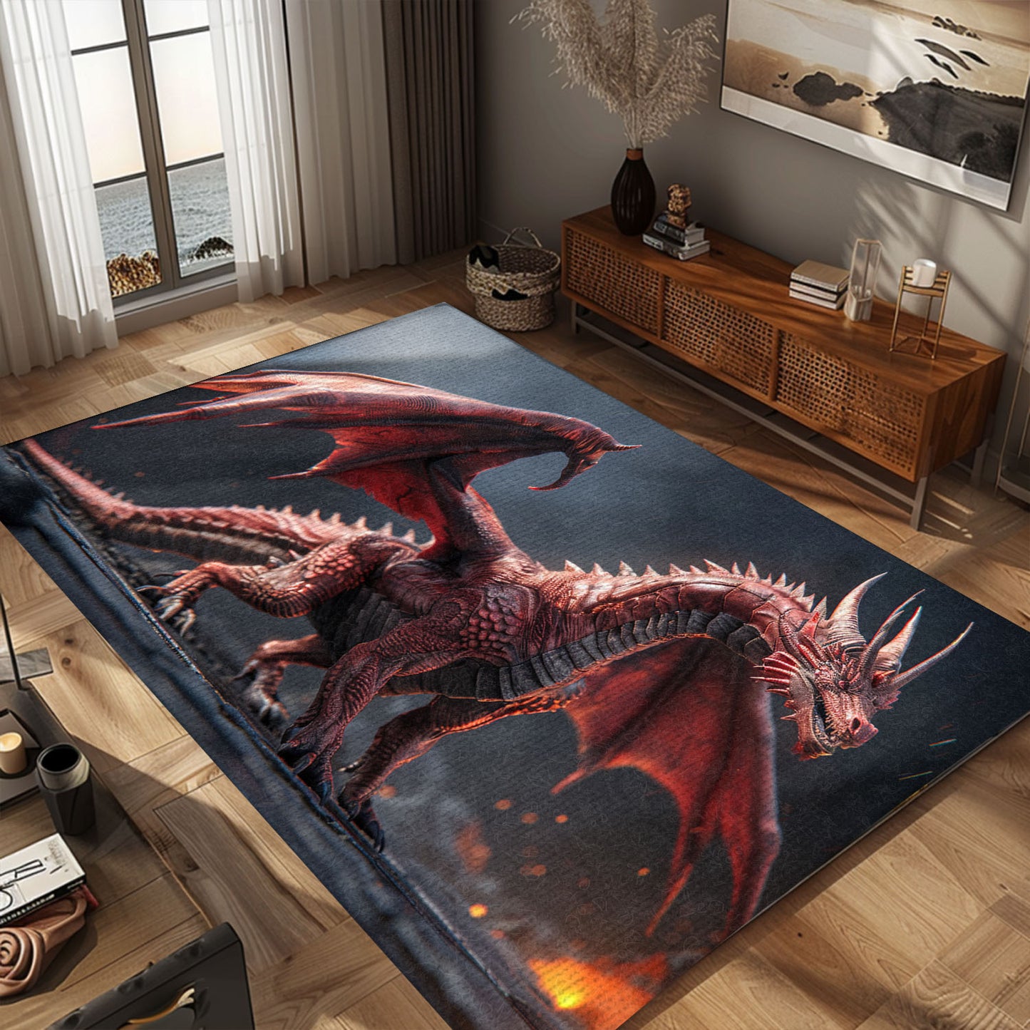Realistic and Intricately Detailed Red Dragon with Wings Area Rug, Perfect for Fantasy-Themed Rooms and Offices, Gift For Dragon Lovers, Personalized Dragon Rug for Living Room, Bedroom DG74
