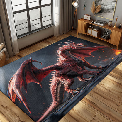 Realistic and Intricately Detailed Red Dragon with Wings Area Rug, Perfect for Fantasy-Themed Rooms and Offices, Gift For Dragon Lovers, Personalized Dragon Rug for Living Room, Bedroom DG74