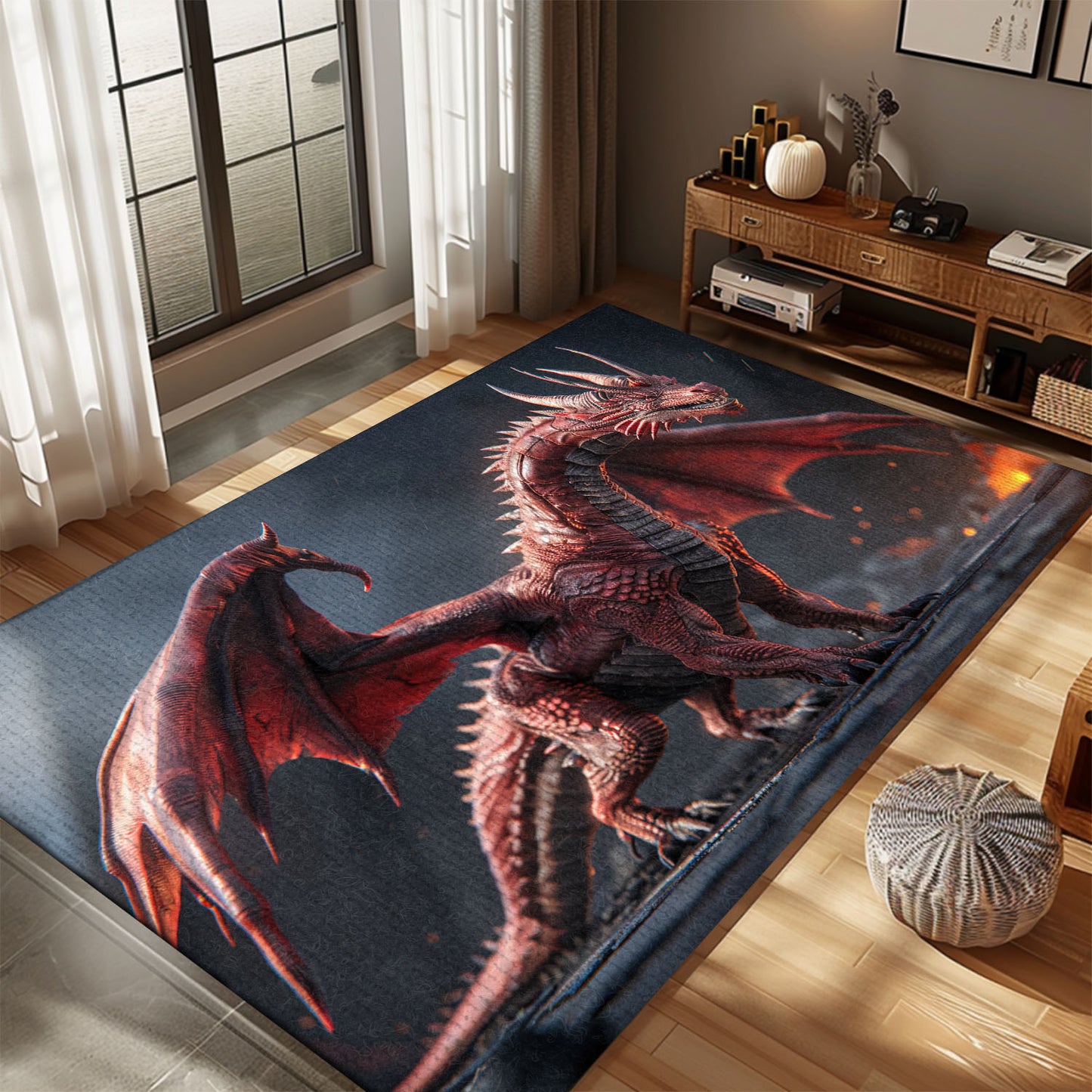 Realistic and Intricately Detailed Red Dragon with Wings Area Rug, Perfect for Fantasy-Themed Rooms and Offices, Gift For Dragon Lovers, Personalized Dragon Rug for Living Room, Bedroom DG74