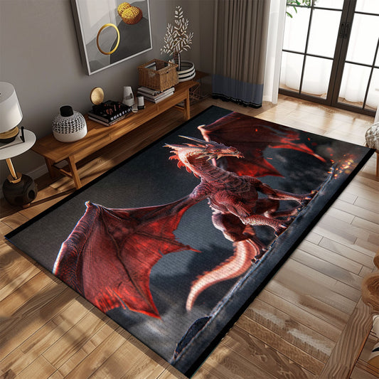 Vibrant Red Dragon with Detailed Wings, Realistic Area Rug for a Striking and Dynamic Addition to Your Decor, Gift For Dragon Lovers, Personalized Dragon Rug for Living Room, Bedroom DG73