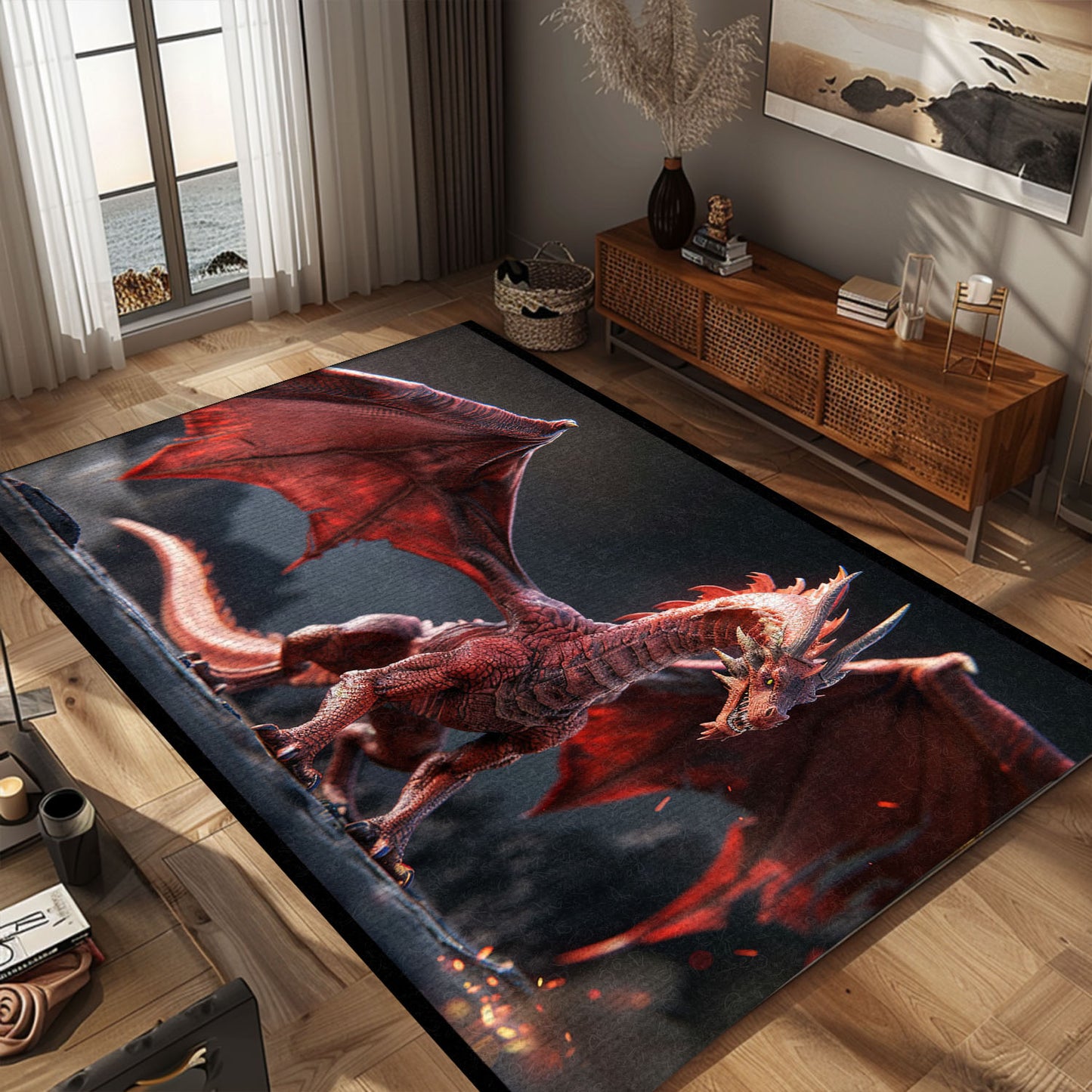 Vibrant Red Dragon with Detailed Wings, Realistic Area Rug for a Striking and Dynamic Addition to Your Decor, Gift For Dragon Lovers, Personalized Dragon Rug for Living Room, Bedroom DG73