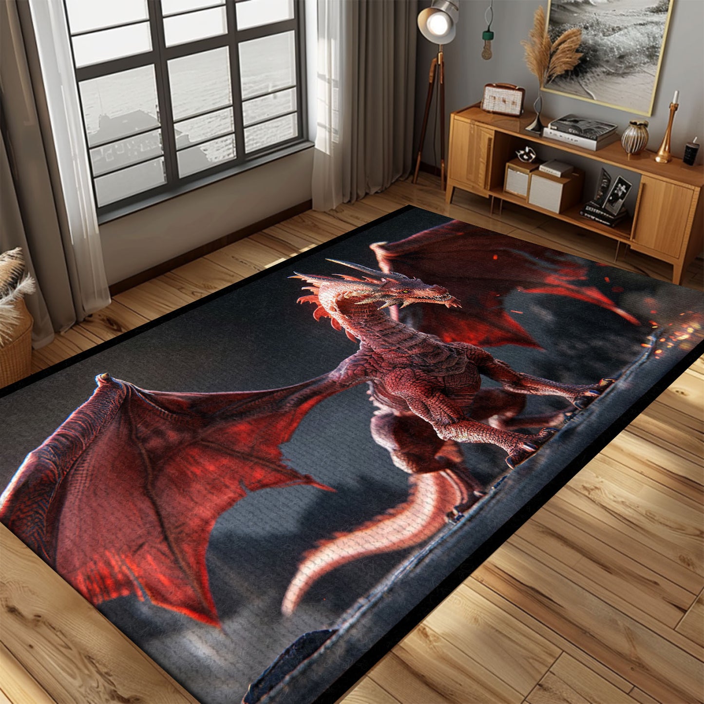 Vibrant Red Dragon with Detailed Wings, Realistic Area Rug for a Striking and Dynamic Addition to Your Decor, Gift For Dragon Lovers, Personalized Dragon Rug for Living Room, Bedroom DG73