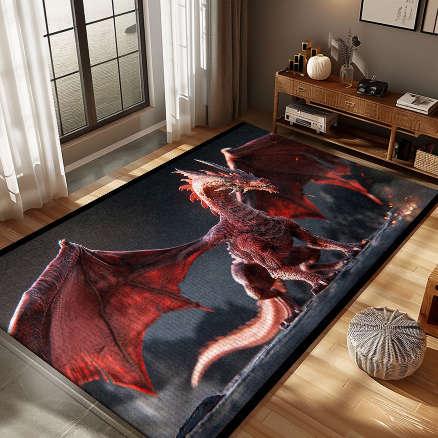 Vibrant Red Dragon with Detailed Wings, Realistic Area Rug for a Striking and Dynamic Addition to Your Decor, Gift For Dragon Lovers, Personalized Dragon Rug for Living Room, Bedroom DG73