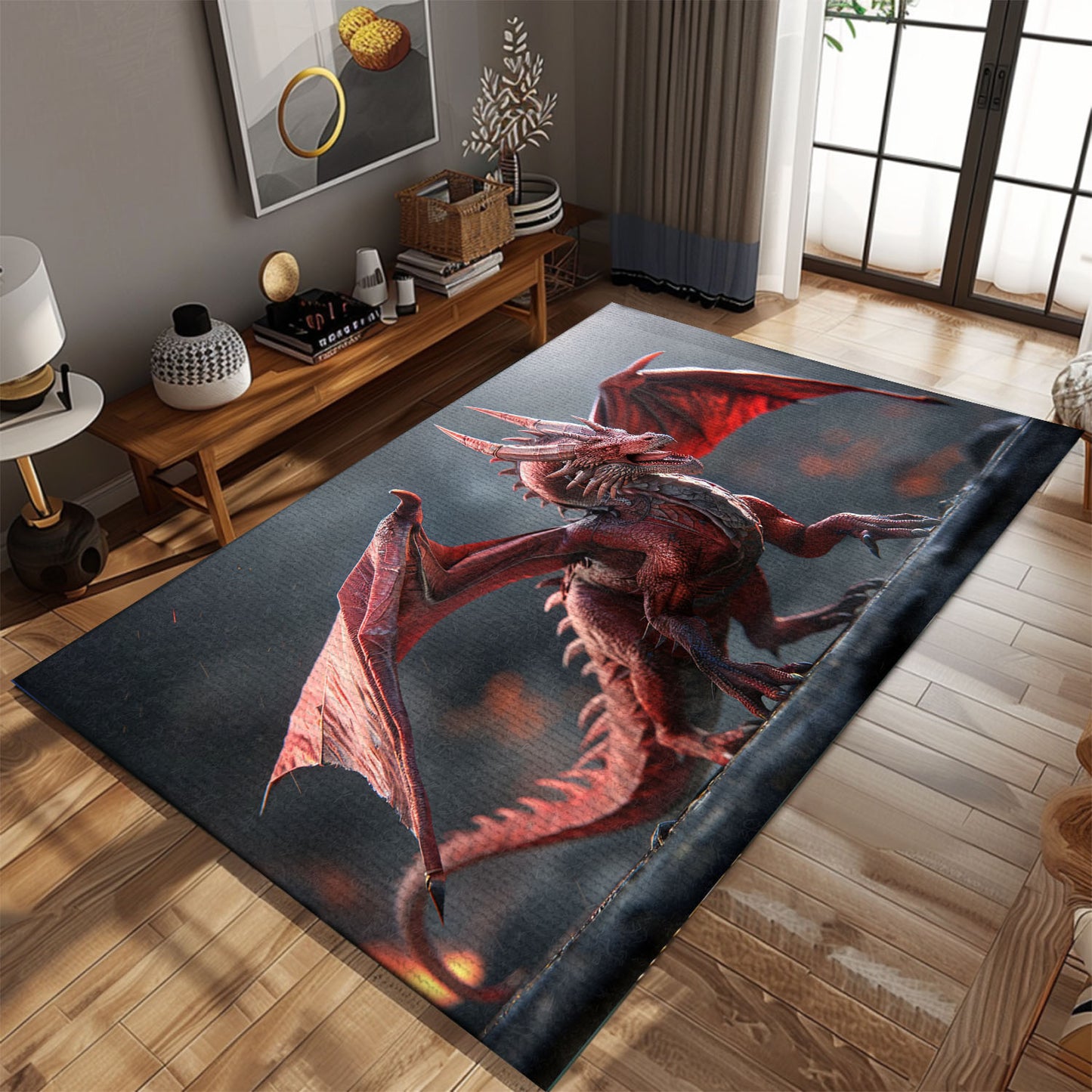 Hyper-Detailed Red Dragon with Wings, Realistic Area Rug for Adding a Bold and Dramatic Touch to Your Home, Gift For Dragon Lovers, Personalized Dragon Rug for Living Room, Bedroom DG72