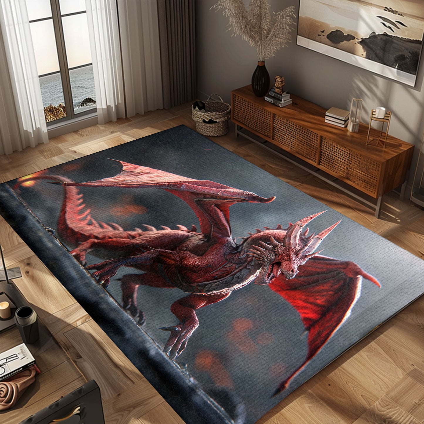 Hyper-Detailed Red Dragon with Wings, Realistic Area Rug for Adding a Bold and Dramatic Touch to Your Home, Gift For Dragon Lovers, Personalized Dragon Rug for Living Room, Bedroom DG72