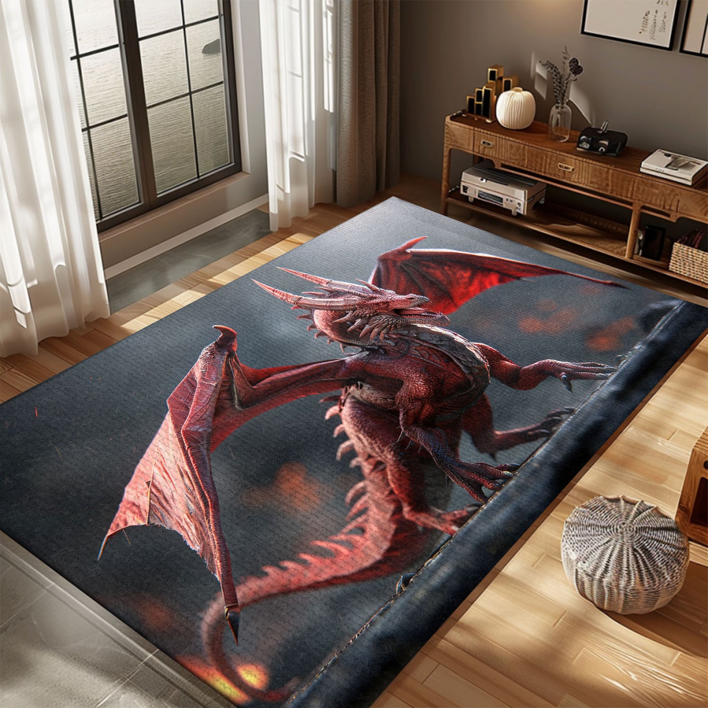 Hyper-Detailed Red Dragon with Wings, Realistic Area Rug for Adding a Bold and Dramatic Touch to Your Home, Gift For Dragon Lovers, Personalized Dragon Rug for Living Room, Bedroom DG72