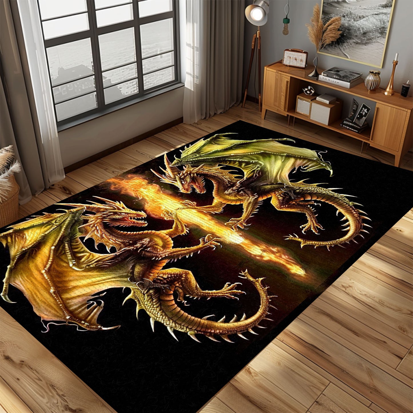 Decorative Area Rug with Two Identical Dragons in a Mirrored Arrangement, Perfect for Dragon-Themed Interiors, Gift For Dragon Lovers, Personalized Dragon Rug for Living Room, Bedroom DG71