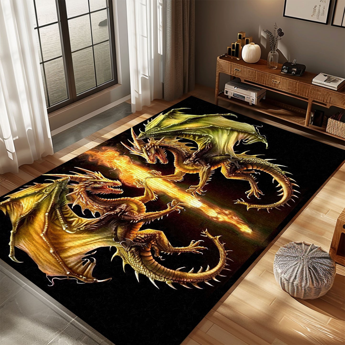 Decorative Area Rug with Two Identical Dragons in a Mirrored Arrangement, Perfect for Dragon-Themed Interiors, Gift For Dragon Lovers, Personalized Dragon Rug for Living Room, Bedroom DG71