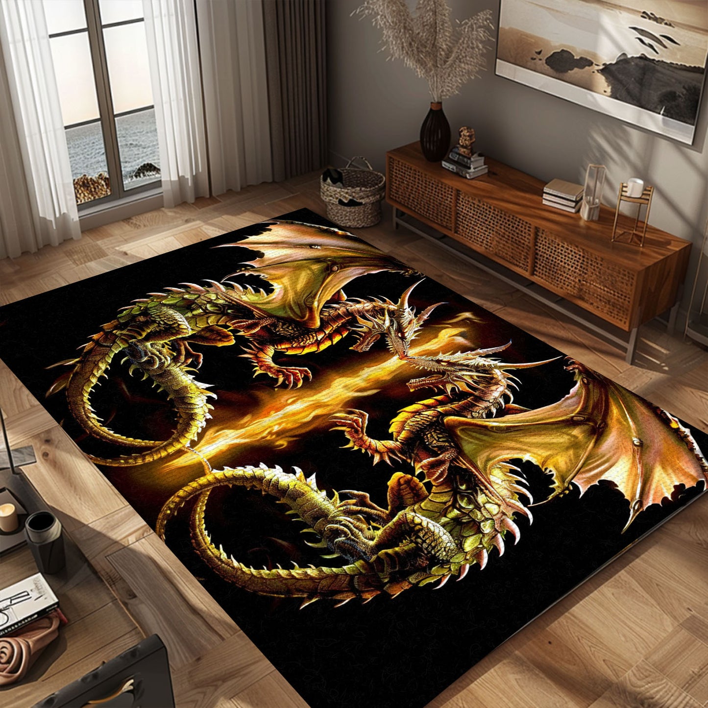 Stunning Area Rug with Two Identical Dragons Mirrored, Creating a Symmetrical and Captivating Design for Your Home, Gift For Dragon Lovers, Personalized Dragon Rug for Living Room, Bedroom DG69