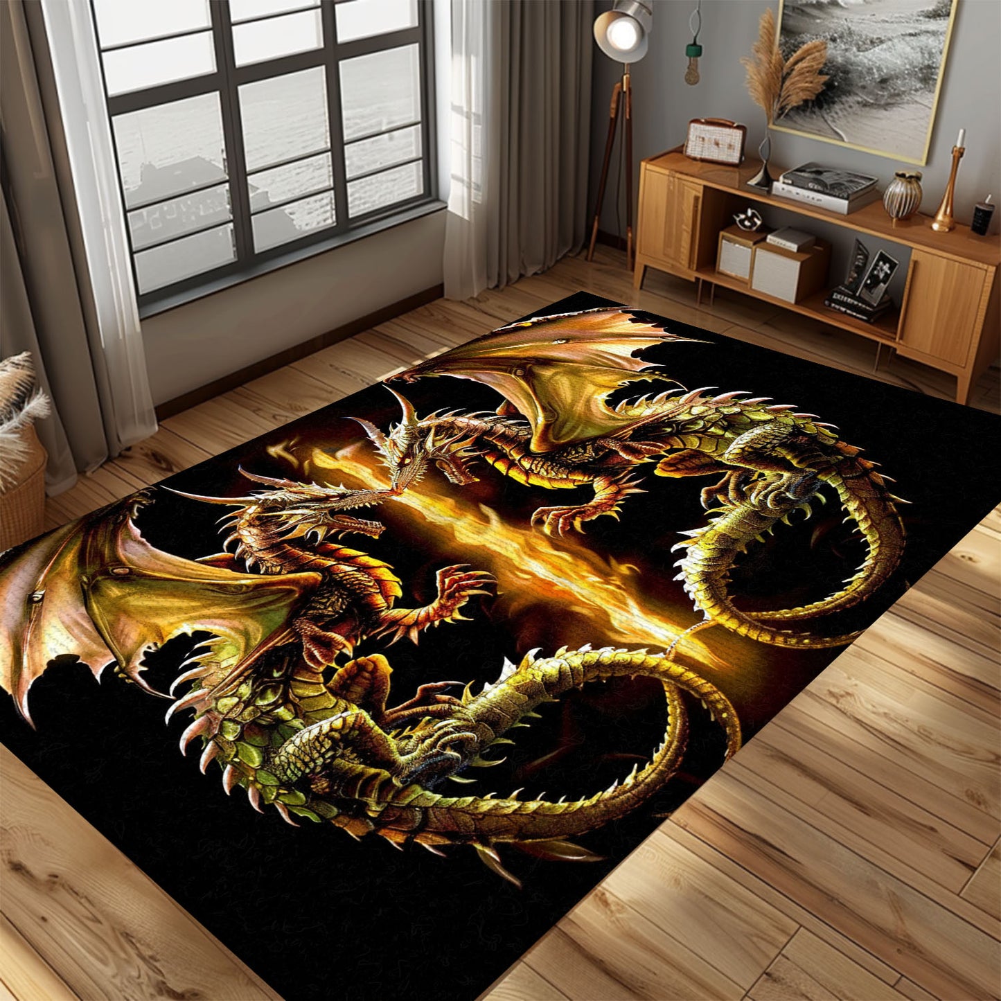 Stunning Area Rug with Two Identical Dragons Mirrored, Creating a Symmetrical and Captivating Design for Your Home, Gift For Dragon Lovers, Personalized Dragon Rug for Living Room, Bedroom DG69