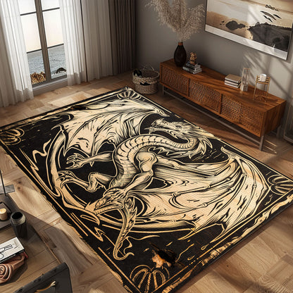 Elegant Woodcut Dragon Area Rug, Bringing Classic Mythological Art to Life in Your Living or Dining Area, Gift For Dragon Lovers, Personalized Dragon Rug for Living Room, Bedroom DG68