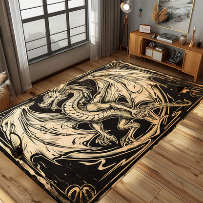 Elegant Woodcut Dragon Area Rug, Bringing Classic Mythological Art to Life in Your Living or Dining Area, Gift For Dragon Lovers, Personalized Dragon Rug for Living Room, Bedroom DG68