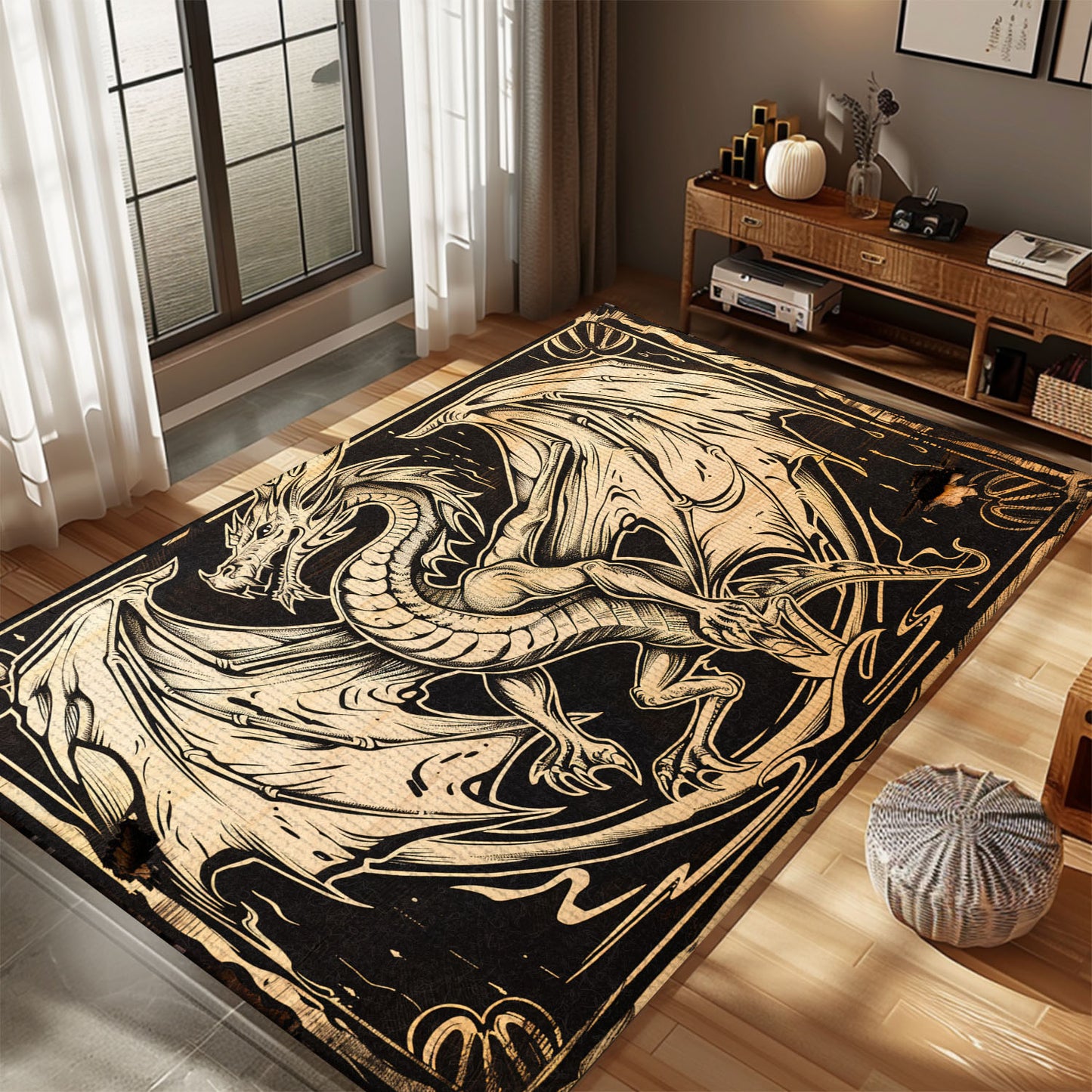 Elegant Woodcut Dragon Area Rug, Bringing Classic Mythological Art to Life in Your Living or Dining Area, Gift For Dragon Lovers, Personalized Dragon Rug for Living Room, Bedroom DG68