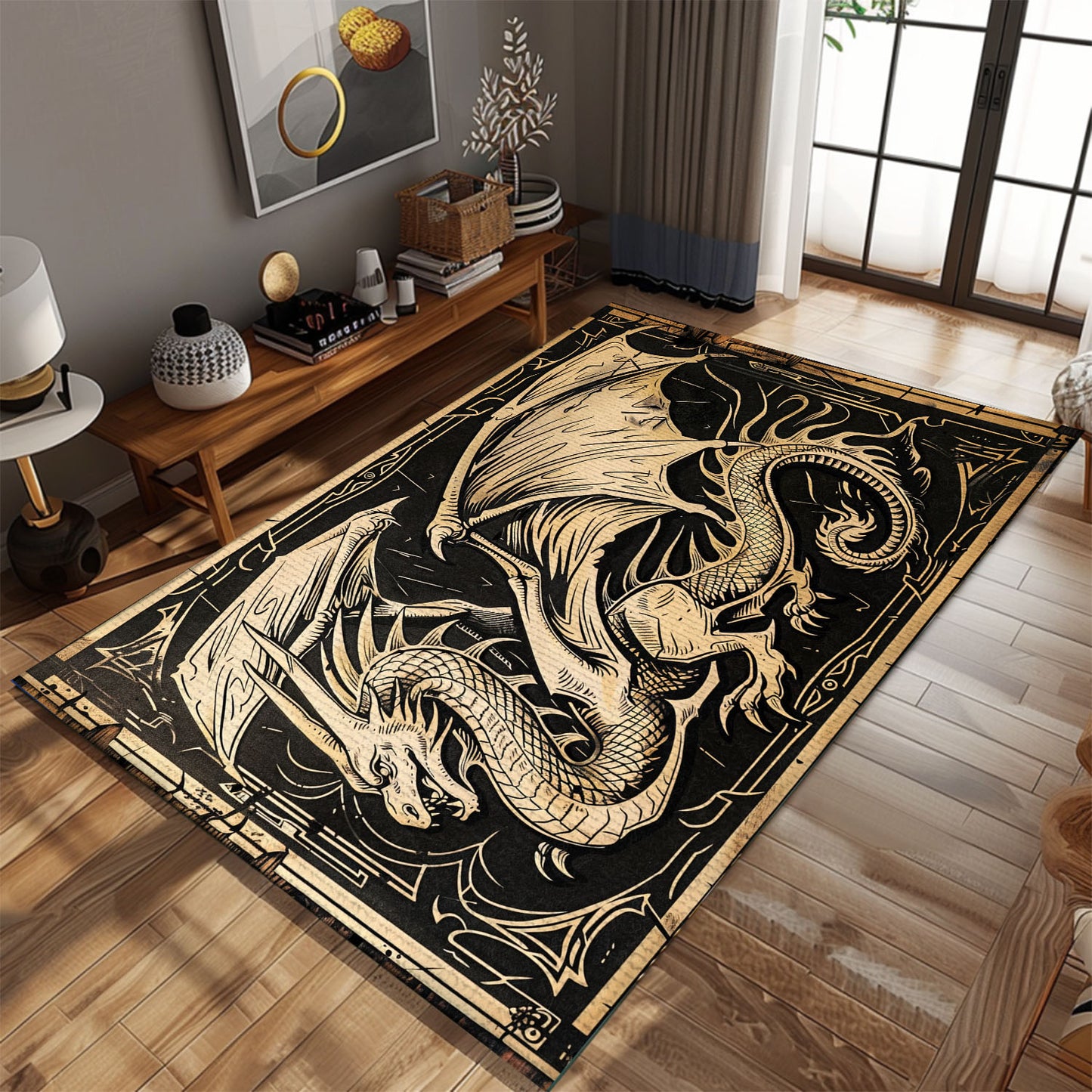 Beautifully Detailed Woodcut Dragon Area Rug, Ideal for Creating a Unique and Mystical Ambiance in Any Room, Gift For Dragon Lovers, Personalized Dragon Rug for Living Room, Bedroom DG67