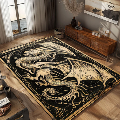 Beautifully Detailed Woodcut Dragon Area Rug, Ideal for Creating a Unique and Mystical Ambiance in Any Room, Gift For Dragon Lovers, Personalized Dragon Rug for Living Room, Bedroom DG67