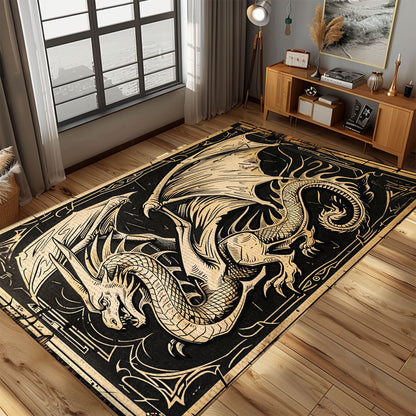 Beautifully Detailed Woodcut Dragon Area Rug, Ideal for Creating a Unique and Mystical Ambiance in Any Room, Gift For Dragon Lovers, Personalized Dragon Rug for Living Room, Bedroom DG67