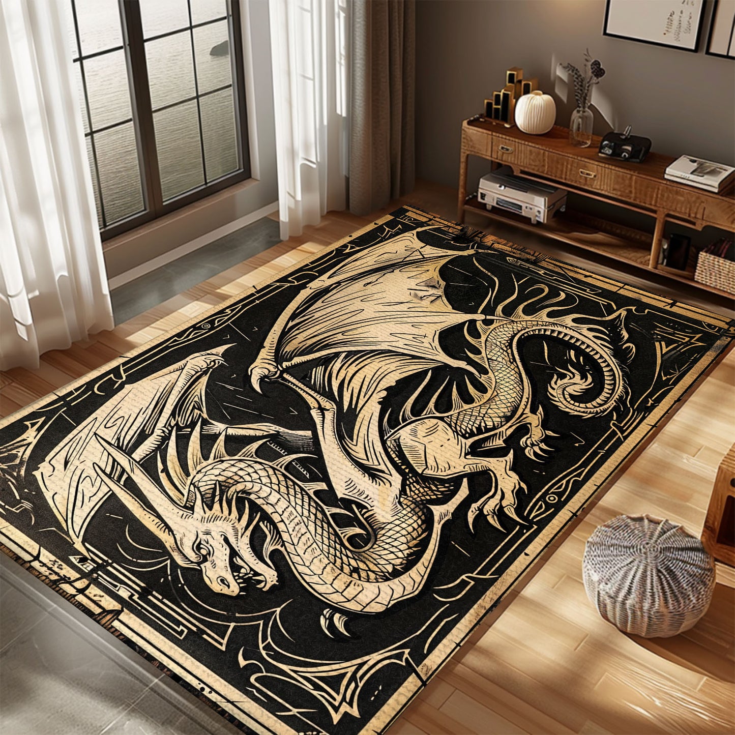 Beautifully Detailed Woodcut Dragon Area Rug, Ideal for Creating a Unique and Mystical Ambiance in Any Room, Gift For Dragon Lovers, Personalized Dragon Rug for Living Room, Bedroom DG67