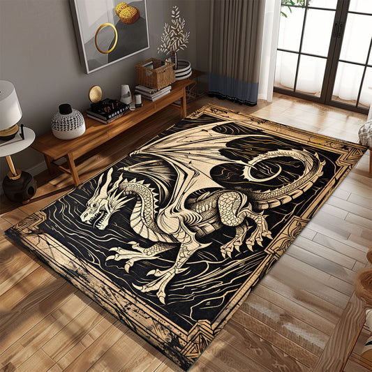 Handcrafted Woodcut Dragon Area Rug, Featuring a Traditional Design for a Timeless and Elegant Home Decor, Gift For Dragon Lovers, Personalized Dragon Rug for Living Room, Bedroom DG66