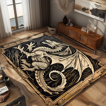 Handcrafted Woodcut Dragon Area Rug, Featuring a Traditional Design for a Timeless and Elegant Home Decor, Gift For Dragon Lovers, Personalized Dragon Rug for Living Room, Bedroom DG66