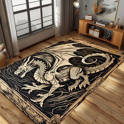 Handcrafted Woodcut Dragon Area Rug, Featuring a Traditional Design for a Timeless and Elegant Home Decor, Gift For Dragon Lovers, Personalized Dragon Rug for Living Room, Bedroom DG66