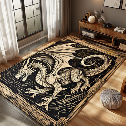 Handcrafted Woodcut Dragon Area Rug, Featuring a Traditional Design for a Timeless and Elegant Home Decor, Gift For Dragon Lovers, Personalized Dragon Rug for Living Room, Bedroom DG66