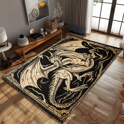 Intricately Designed Woodcut Dragon Area Rug, Perfect for Adding a Touch of Ancient Mythology to Your Space, Gift For Dragon Lovers, Personalized Dragon Rug for Living Room, Bedroom DG65