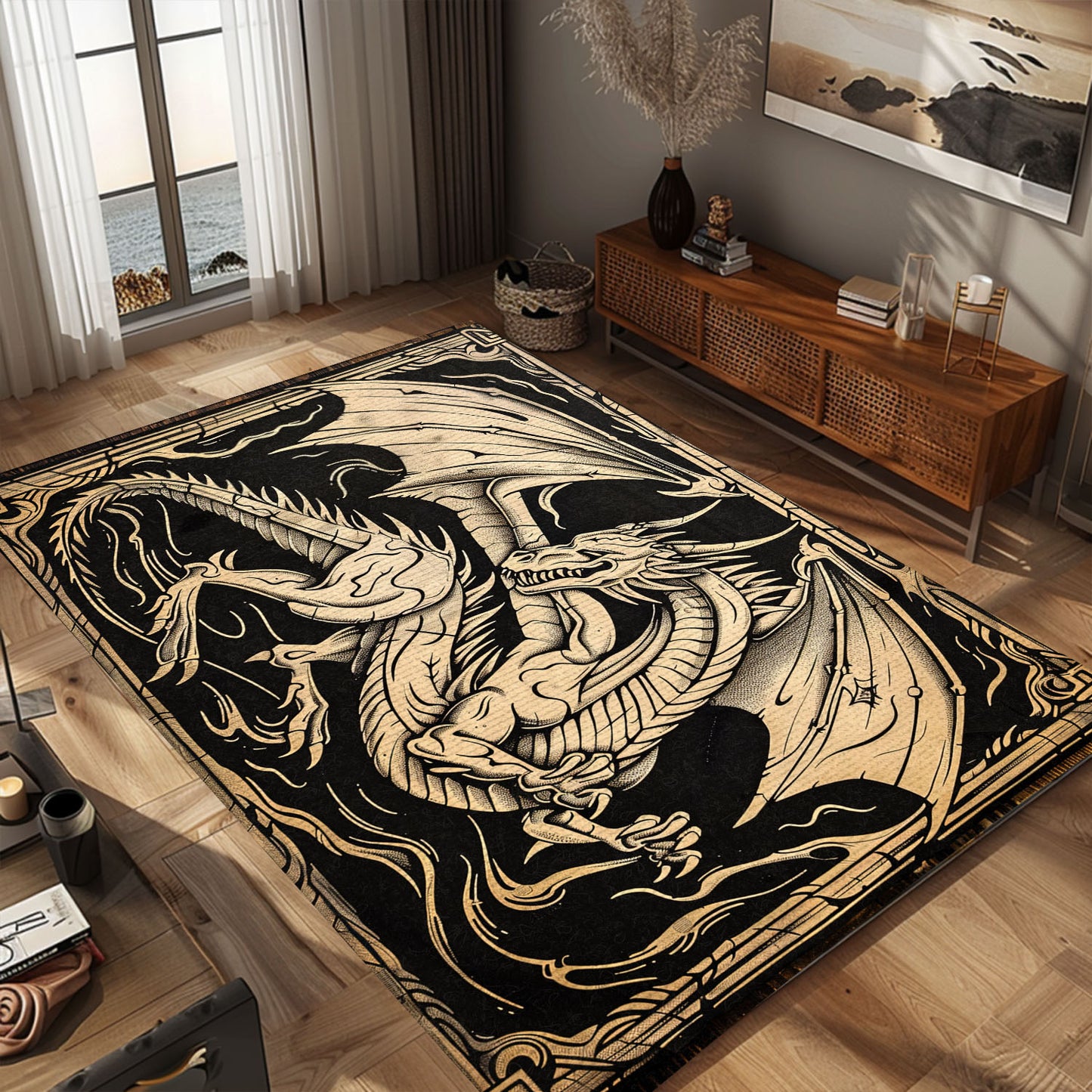 Intricately Designed Woodcut Dragon Area Rug, Perfect for Adding a Touch of Ancient Mythology to Your Space, Gift For Dragon Lovers, Personalized Dragon Rug for Living Room, Bedroom DG65