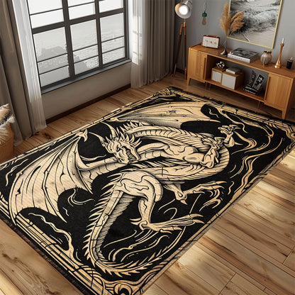 Intricately Designed Woodcut Dragon Area Rug, Perfect for Adding a Touch of Ancient Mythology to Your Space, Gift For Dragon Lovers, Personalized Dragon Rug for Living Room, Bedroom DG65