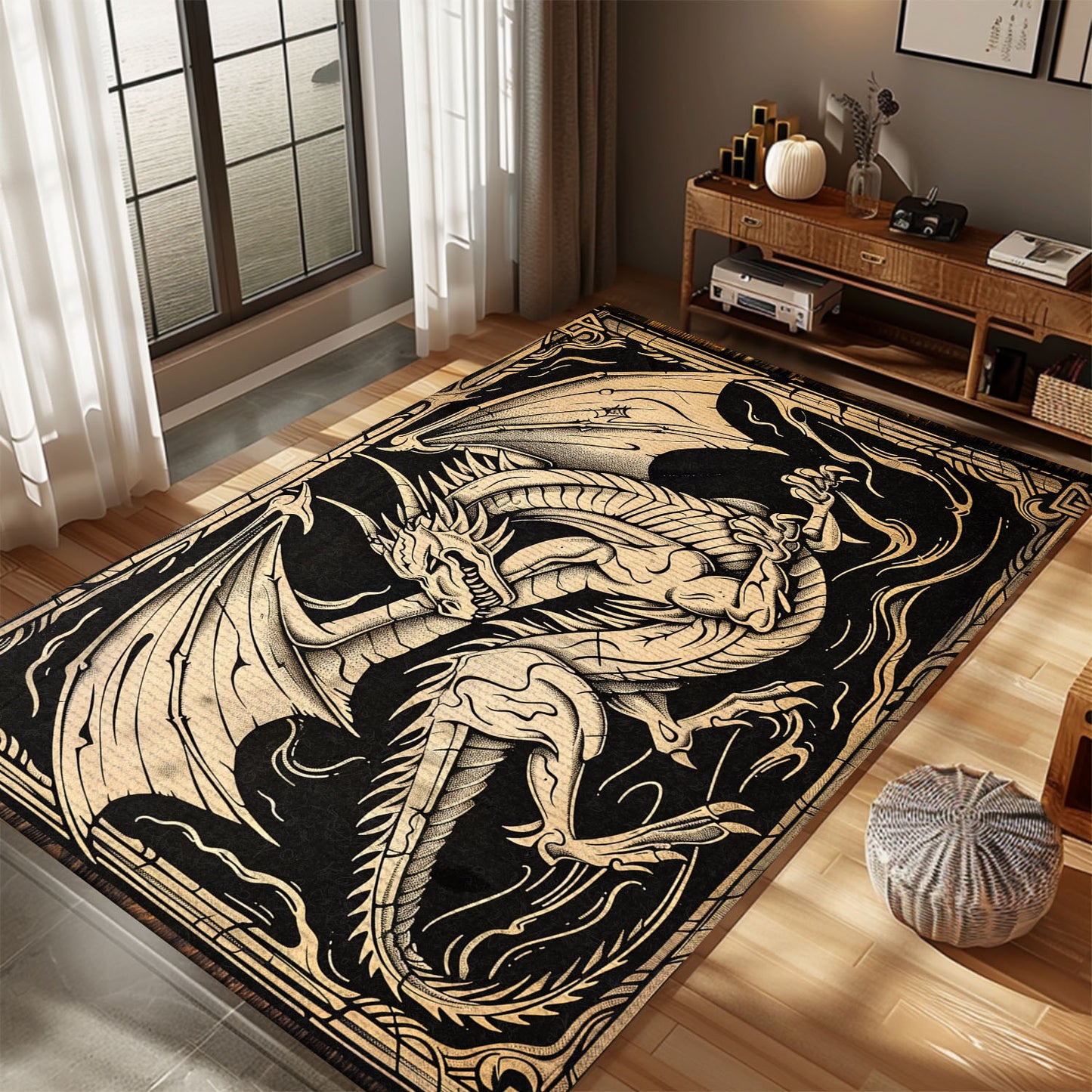 Intricately Designed Woodcut Dragon Area Rug, Perfect for Adding a Touch of Ancient Mythology to Your Space, Gift For Dragon Lovers, Personalized Dragon Rug for Living Room, Bedroom DG65